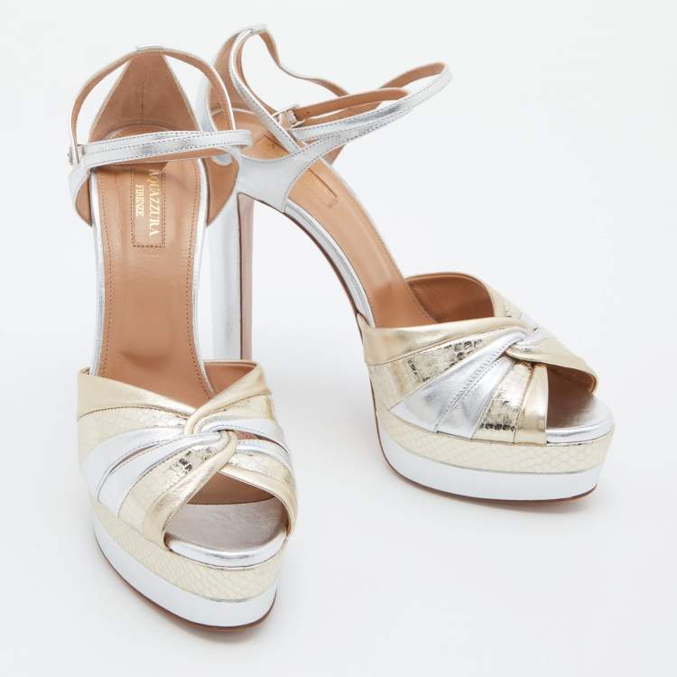 Pre Owned Aquazzura Gold /Silver Suede and Watersnake Leather La Di Da Platform Sandals Size 39