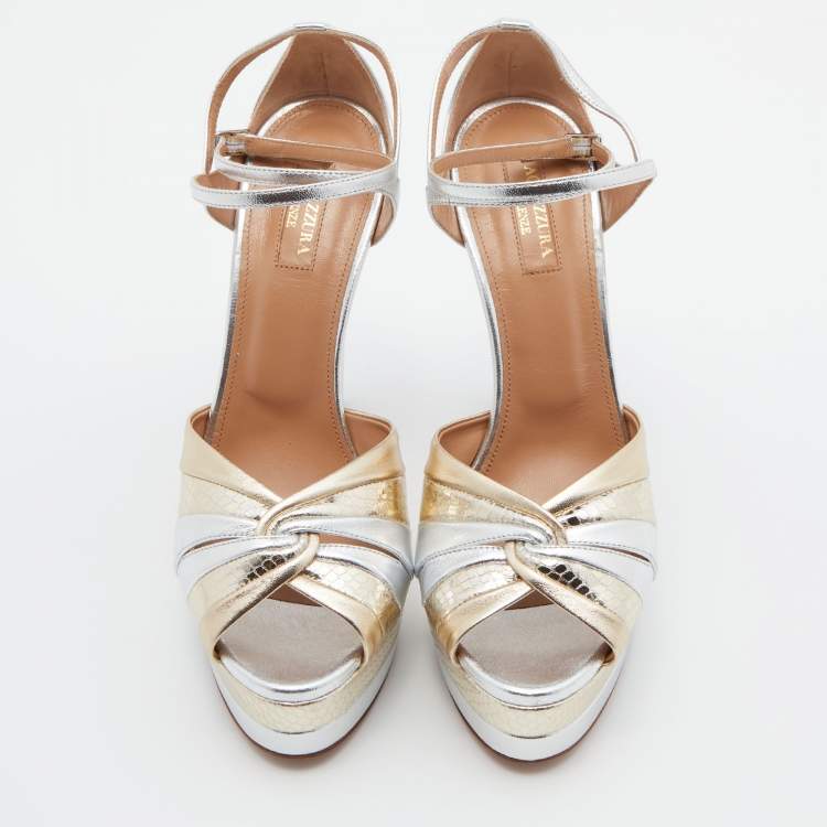 Pre Owned Aquazzura Gold /Silver Suede and Watersnake Leather La Di Da Platform Sandals Size 39