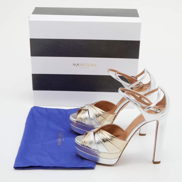 Pre Owned Aquazzura Gold /Silver Suede and Watersnake Leather La Di Da Platform Sandals Size 39