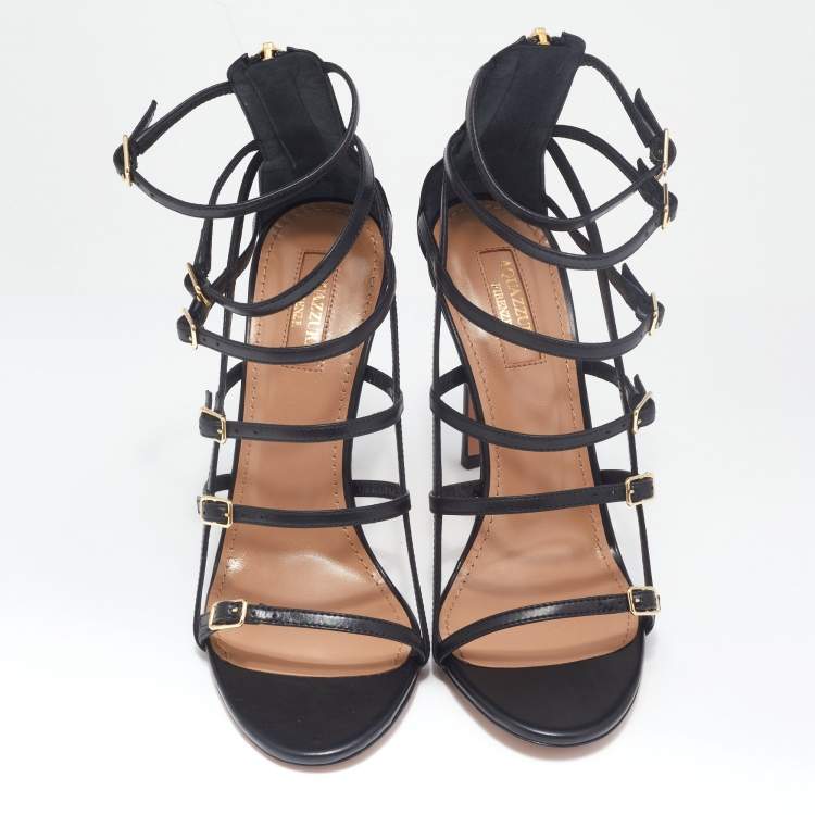 مملوك�ة مسبقًا Aquazzura Black Leather Super Model Sandals Size 37