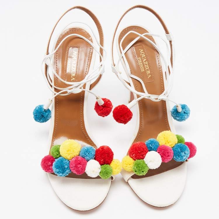 Pre Owned Aquazzura Multicolor Canvas Tropicana Pom Pom Ankle Wrap Sandals Size 38.5