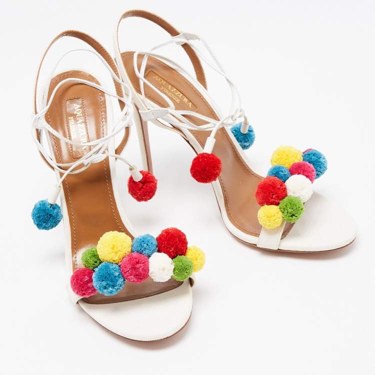 Pre Owned Aquazzura Multicolor Canvas Tropicana Pom Pom Ankle Wrap Sandals Size 38.5