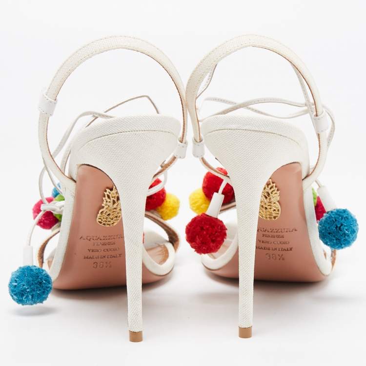 Pre Owned Aquazzura Multicolor Canvas Tropicana Pom Pom Ankle Wrap Sandals Size 38.5