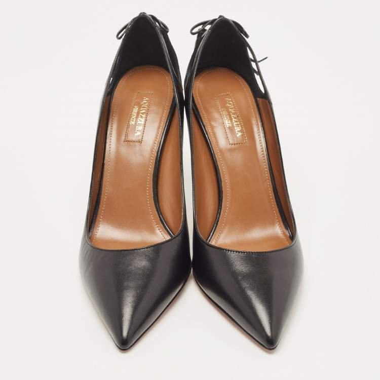 مملوكة مسبقًا Aquazzura Black Leather Forever Marilyn Tassel Detail Pointed Toe Pumps Size 40