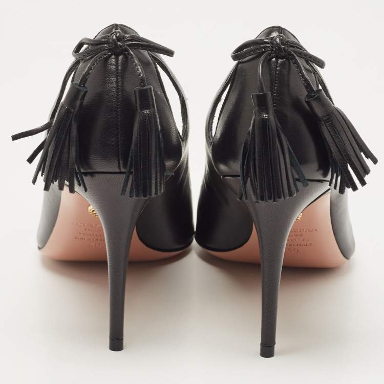 مملوكة مسبقًا Aquazzura Black Leather Forever Marilyn Tassel Detail Pointed Toe Pumps Size 40