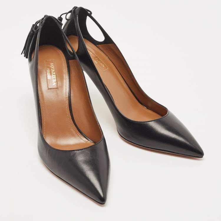 مملوكة مسبقًا Aquazzura Black Leather Forever Marilyn Tassel Detail Pointed Toe Pumps Size 40