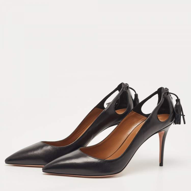 مملوكة مسبقًا Aquazzura Black Leather Forever Marilyn Tassel Detail Pointed Toe Pumps Size 40