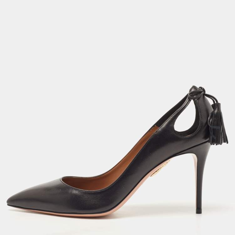 مملوكة مسبقًا Aquazzura Black Leather Forever Marilyn Tassel Detail Pointed Toe Pumps Size 40