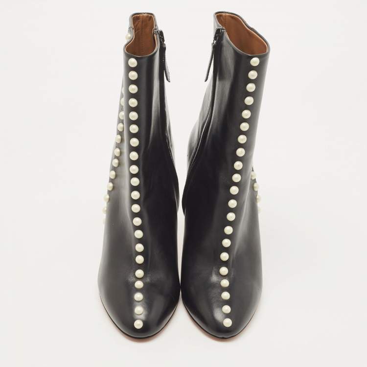 Pre Owned Aquazzura Black Leather Studded Follie Ankle Booties Size 37