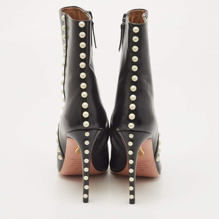 Pre Owned Aquazzura Black Leather Studded Follie Ankle Booties Size 37