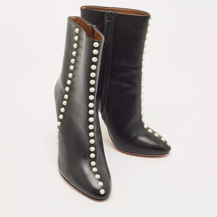 Pre Owned Aquazzura Black Leather Studded Follie Ankle Booties Size 37