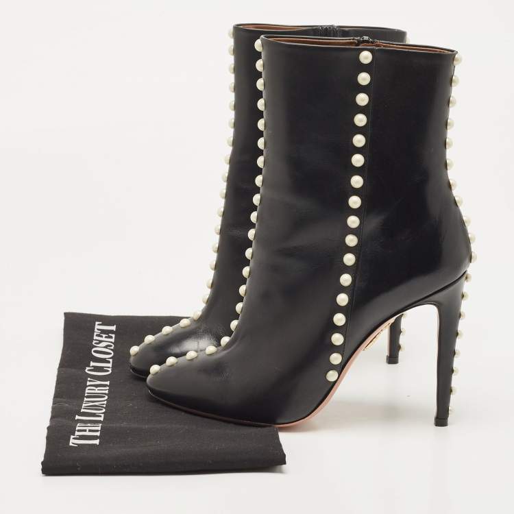 Pre Owned Aquazzura Black Leather Studded Follie Ankle Booties Size 37