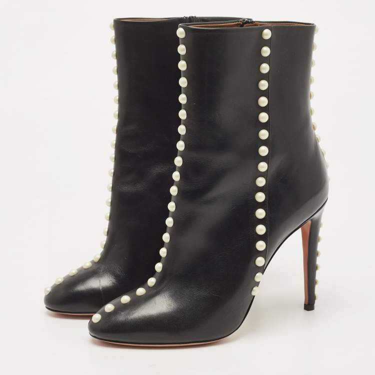 Pre Owned Aquazzura Black Leather Studded Follie Ankle Booties Size 37
