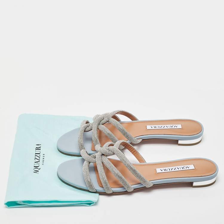 مملوكة مسبقًا Aquazzura Blue Leather Crystal Embellished Moondust Flat Slides Size 38.5