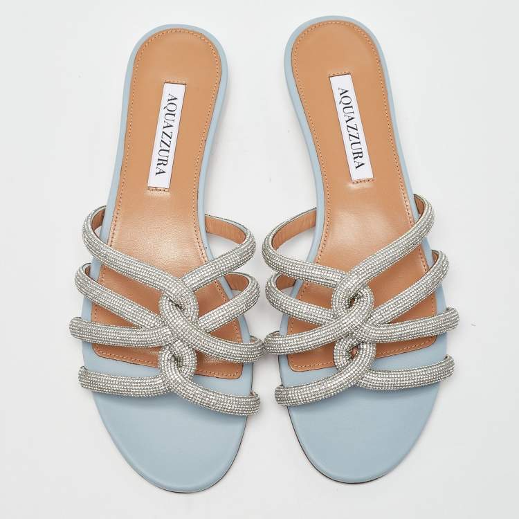 مملوكة مسبقًا Aquazzura Blue Leather Crystal Embellished Moondust Flat Slides Size 38.5
