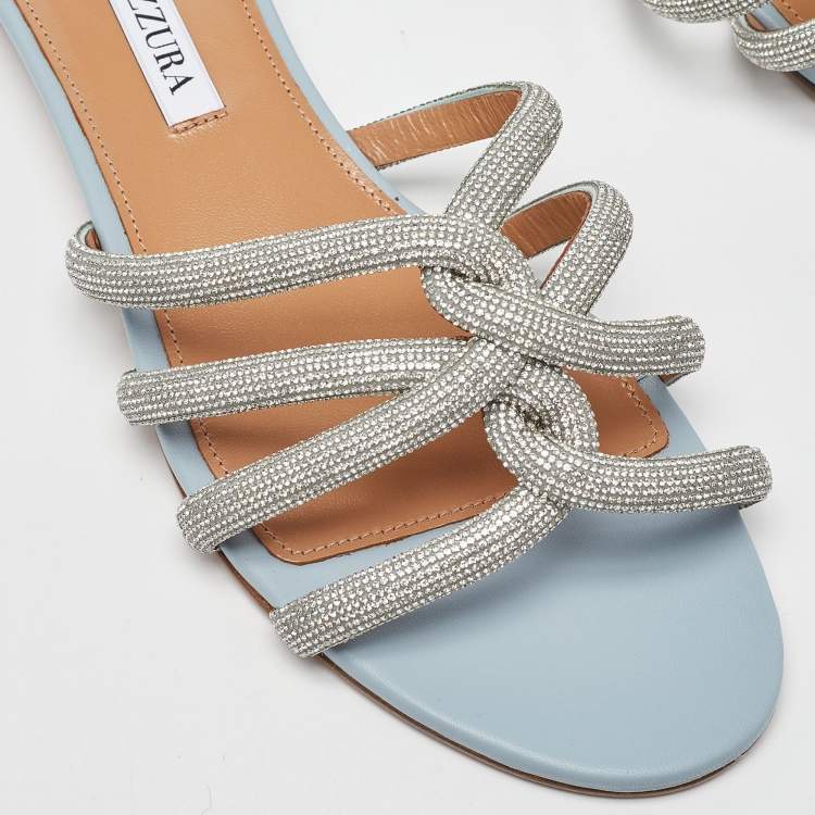 مملوكة مسبقًا Aquazzura Blue Leather Crystal Embellished Moondust Flat Slides Size 38.5