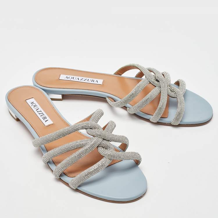 مملوكة مسبقًا Aquazzura Blue Leather Crystal Embellished Moondust Flat Slides Size 38.5