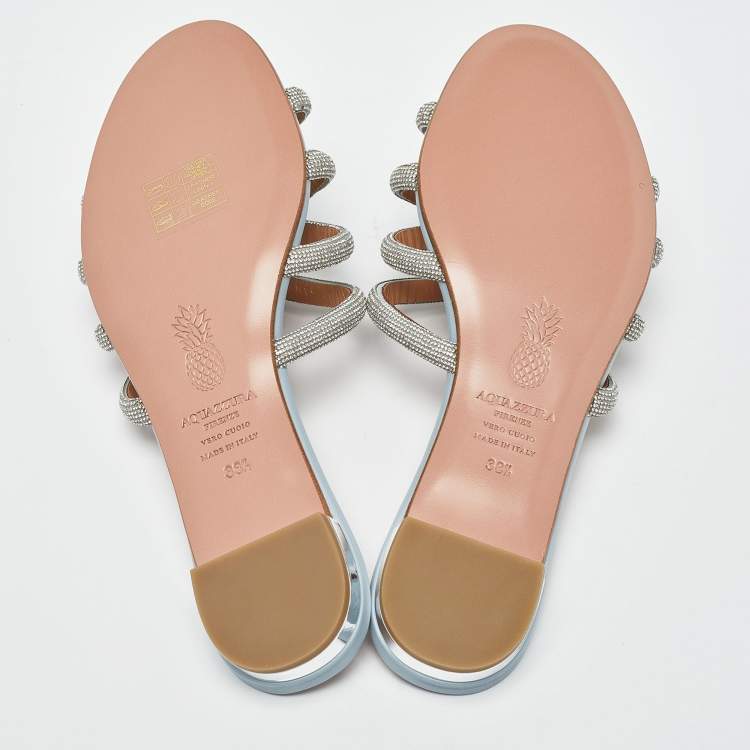 مملوكة مسبقًا Aquazzura Blue Leather Crystal Embellished Moondust Flat Slides Size 38.5