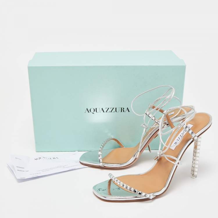 مملوكة مسبقًا Aquazzura Silver Leather Crystal Embellished Rock Chic Ankle Strap Sandals Size 39.5