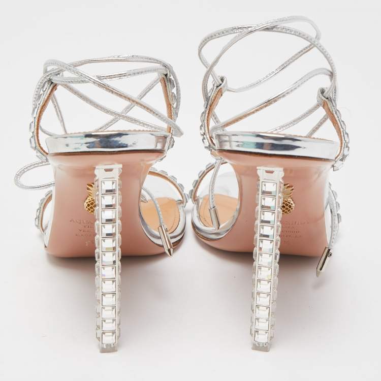 مملوكة مسبقًا Aquazzura Silver Leather Crystal Embellished Rock Chic Ankle Strap Sandals Size 39.5