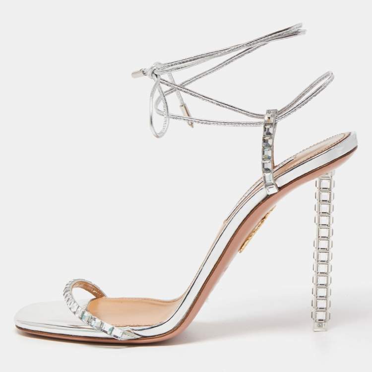 مملوكة مسبقًا Aquazzura Silver Leather Crystal Embellished Rock Chic Ankle Strap Sandals Size 39.5
