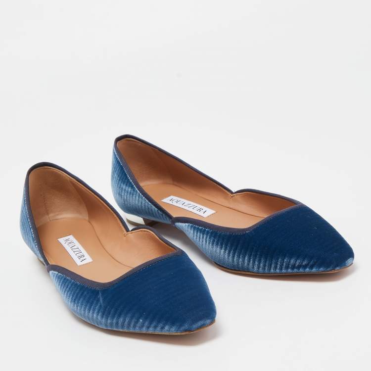 مملوكة مسبقًا Aquazzura Blue Quilted Velvet Maia Ballet Flats Size 36.5