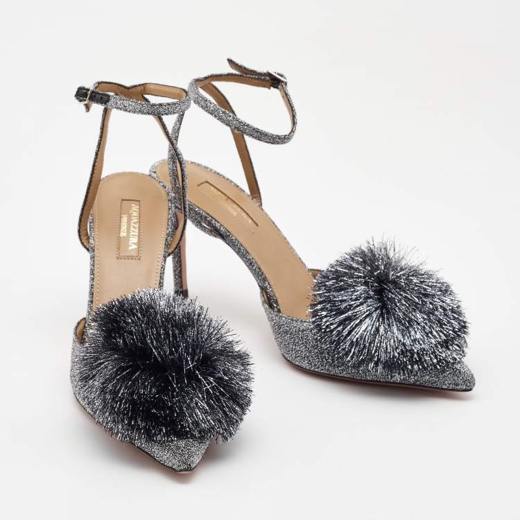 Pre Owned Aquazzura Silver Lurex Fabric Powder Puff Ankle Strap Pumps Size 38