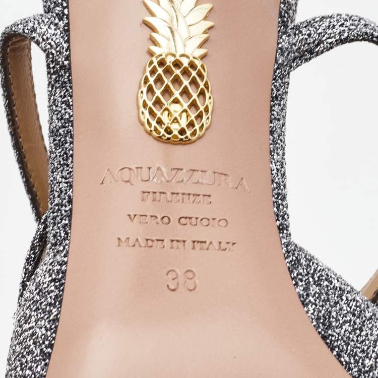 Pre Owned Aquazzura Silver Lurex Fabric Powder Puff Ankle Strap Pumps Size 38