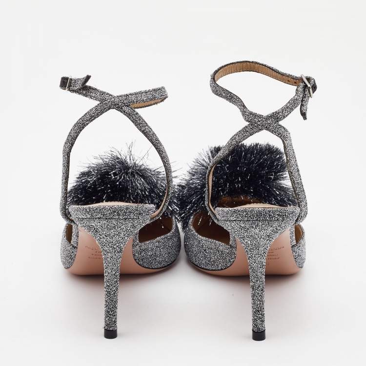 Pre Owned Aquazzura Silver Lurex Fabric Powder Puff Ankle Strap Pumps Size 38