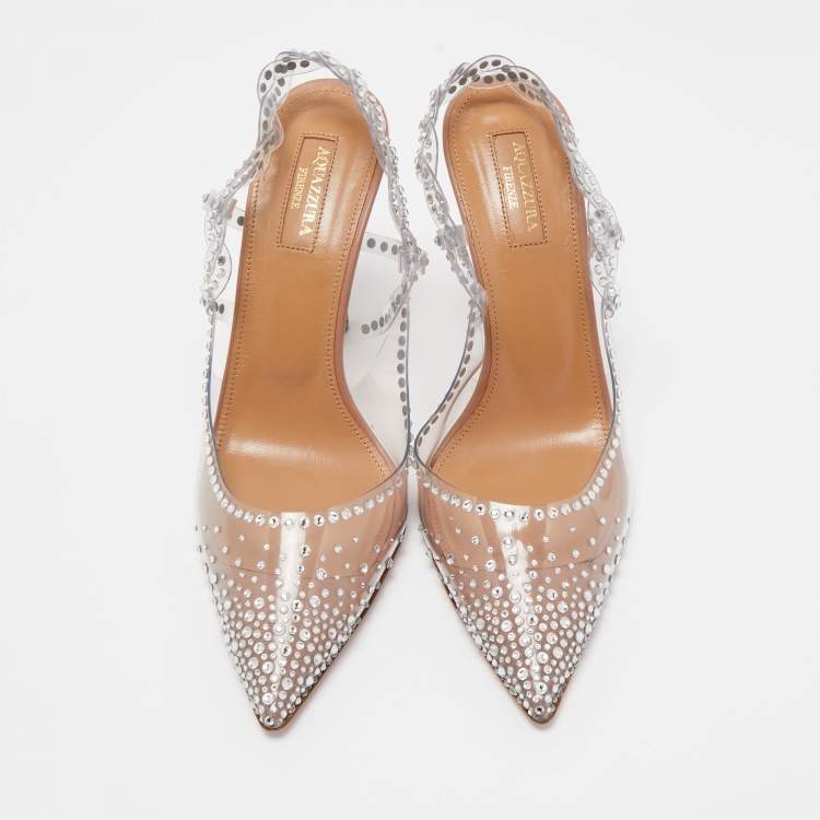 Pre Owned Aquazzura Transparent Crystal Embellished PVC Heaven Slingback Pumps Size 38.5