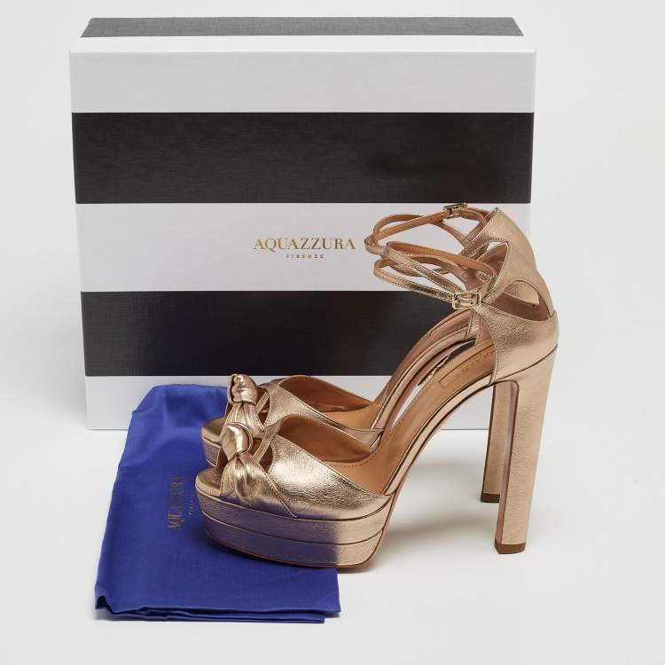Pre Owned Aquazzura Metallic Brown Leather Bow Platform Ankle Wrap Sandals Size 38.5