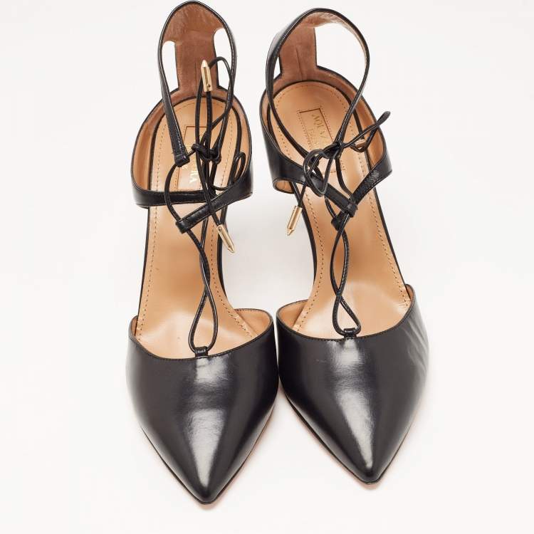 Pre Owned Aquazzura Black Leather Pointed Toe Ankle Strap Pumps Size 42