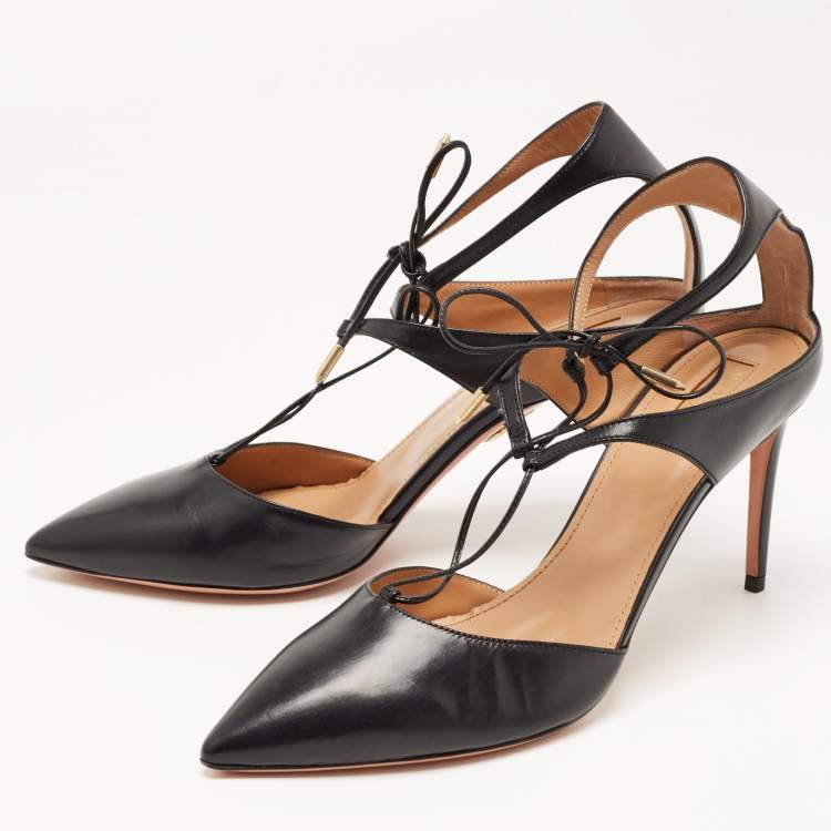Pre Owned Aquazzura Black Leather Pointed Toe Ankle Strap Pumps Size 42