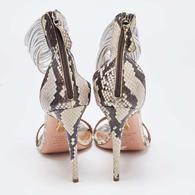 Pre Owned Aquazzura Monochrome Python Embossed Spin Me Around Strappy Sandals Size 41