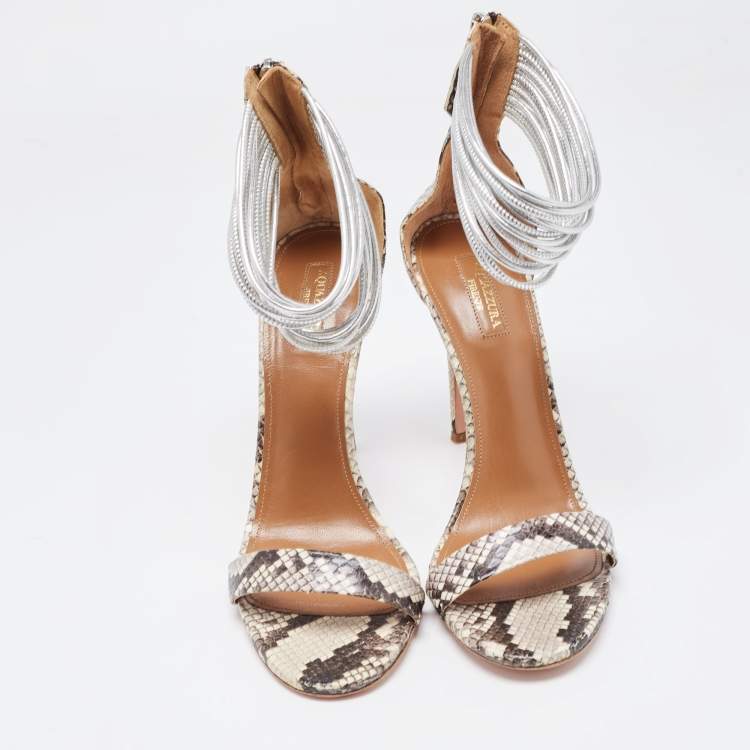 Pre Owned Aquazzura Monochrome Python Embossed Spin Me Around Strappy Sandals Size 41