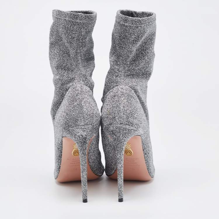 Pre Owned Aquazzura Silver Lurex Fabric Eclair Peep Toe Ankle Boots Size 40