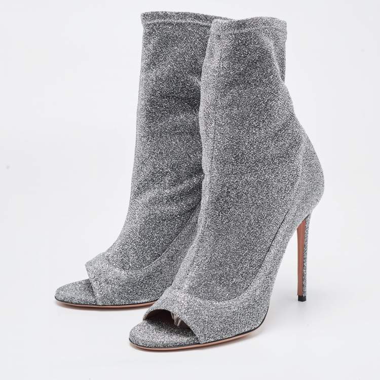 Pre Owned Aquazzura Silver Lurex Fabric Eclair Peep Toe Ankle Boots Size 40