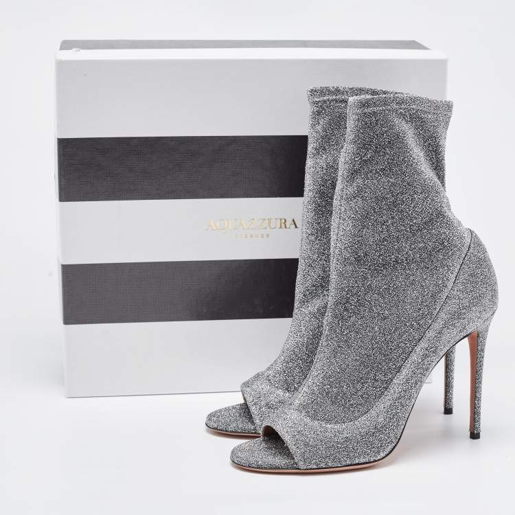 Pre Owned Aquazzura Silver Lurex Fabric Eclair Peep Toe Ankle Boots Size 40