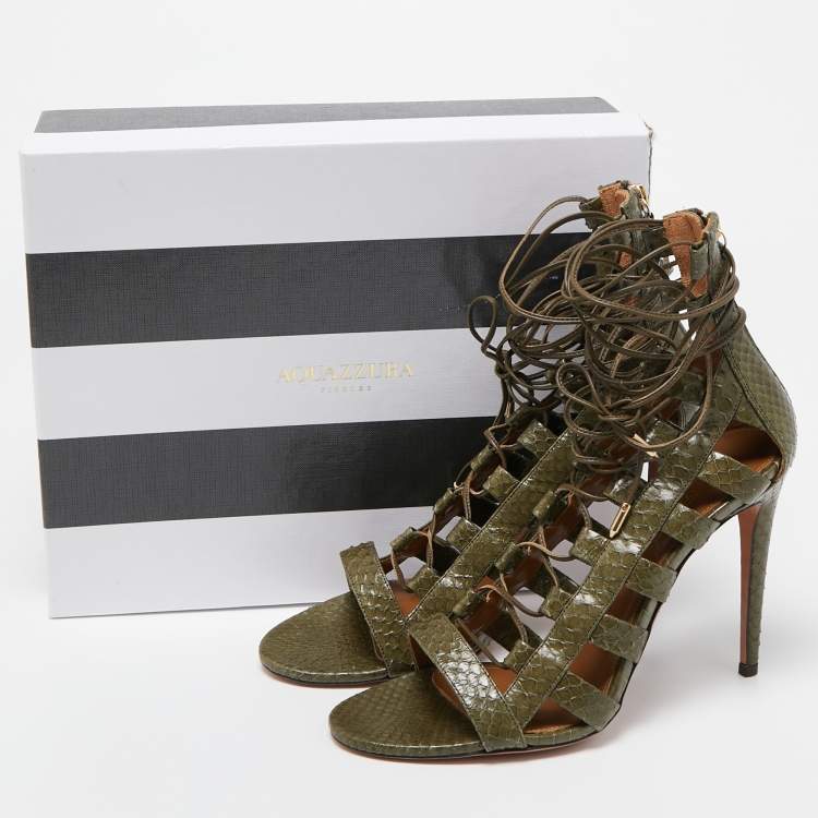 Pre Owned Aquazzura Green Python Amazon Lace Up Open Toe Sandals Size 41