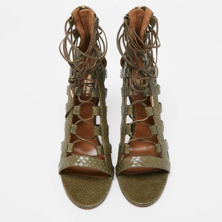 Pre Owned Aquazzura Green Python Amazon Lace Up Open Toe Sandals Size 41