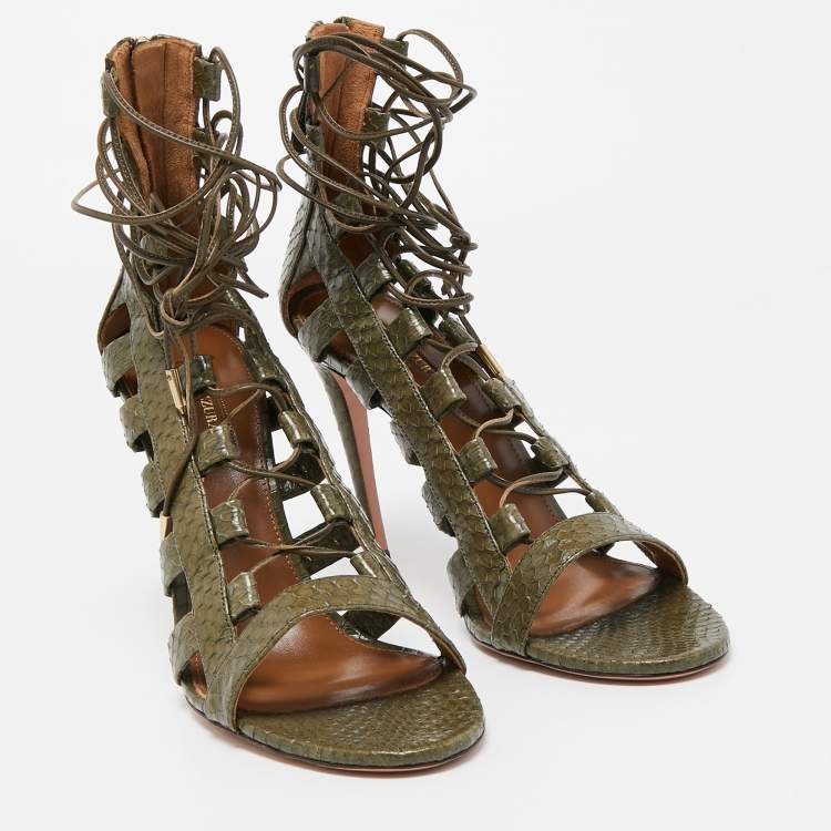 Pre Owned Aquazzura Green Python Amazon Lace Up Open Toe Sandals Size 41