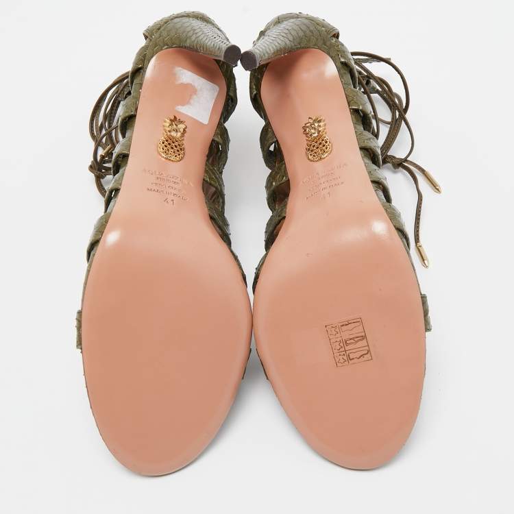 Pre Owned Aquazzura Green Python Amazon Lace Up Open Toe Sandals Size 41