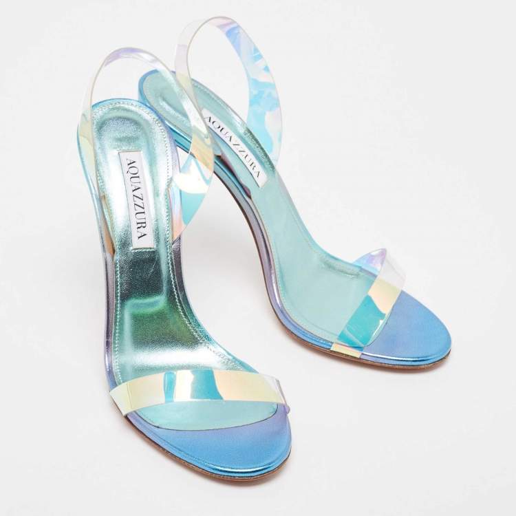 مملوكة مسبقًا Aquazzura Blue Iridescent PVC So Nude Slingback Sandals Size 38.5