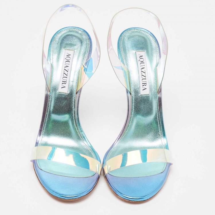 مملوكة مسبقًا Aquazzura Blue Iridescent PVC So Nude Slingback Sandals Size 38.5
