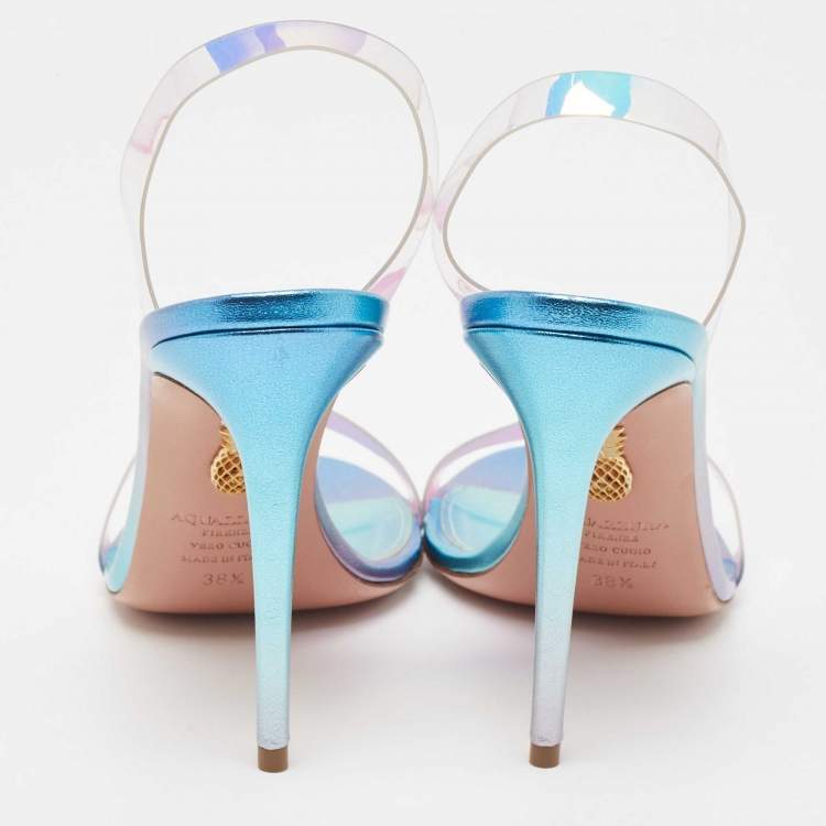 مملوكة مسبقًا Aquazzura Blue Iridescent PVC So Nude Slingback Sandals Size 38.5