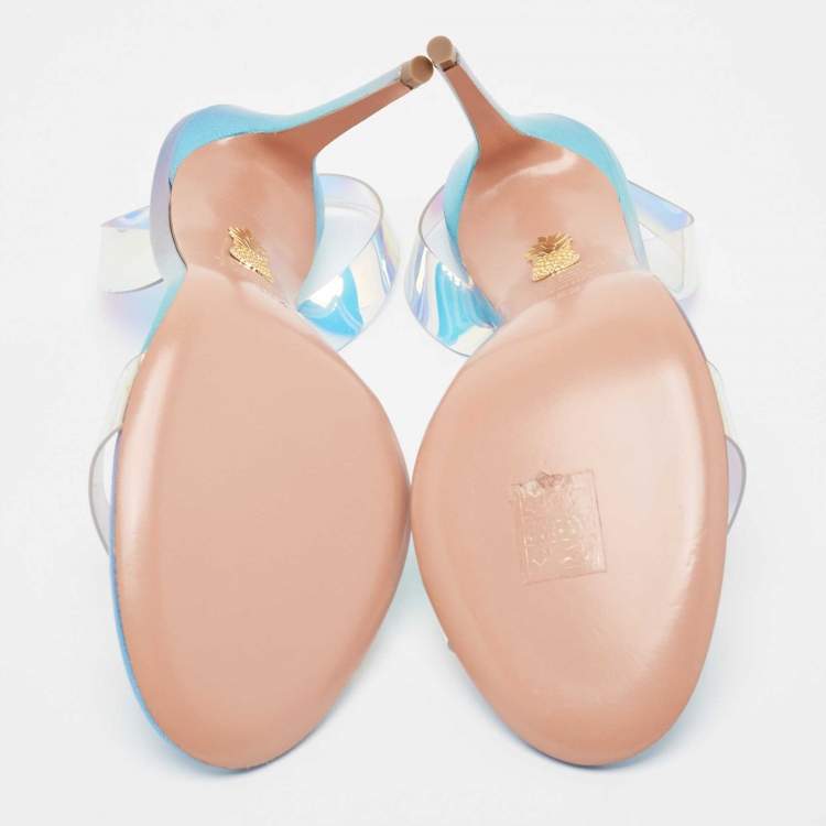 مملوكة مسبقًا Aquazzura Blue Iridescent PVC So Nude Slingback Sandals Size 38.5