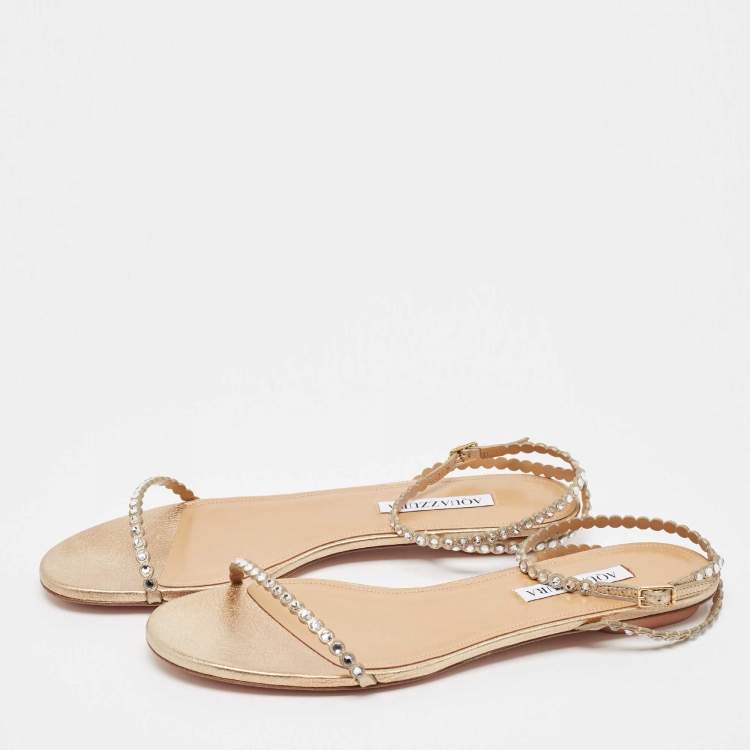 Pre Owned Aquazzura Gold Crystal Embellished Leather Mini Tequila Flat Sandals Size 40