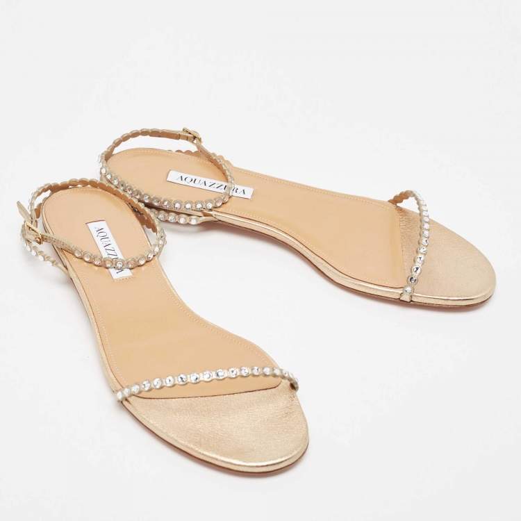 Pre Owned Aquazzura Gold Crystal Embellished Leather Mini Tequila Flat Sandals Size 40