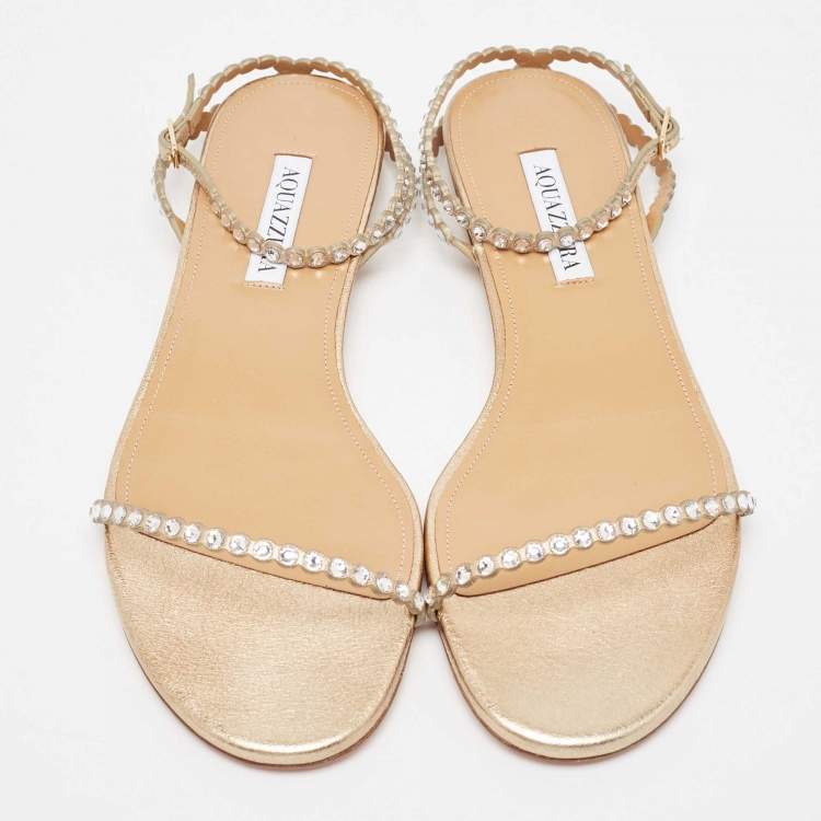 Pre Owned Aquazzura Gold Crystal Embellished Leather Mini Tequila Flat Sandals Size 40