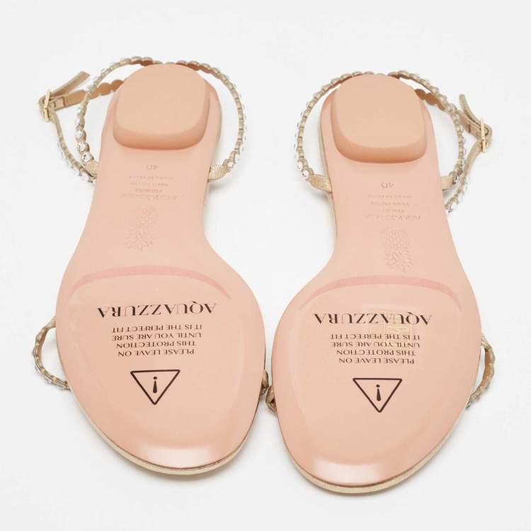 Pre Owned Aquazzura Gold Crystal Embellished Leather Mini Tequila Flat Sandals Size 40